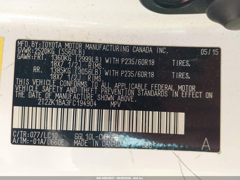 LEXUS RX 350 2015 VIN 2T2ZK1BA3FC194904