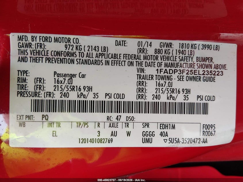 FORD FOCUS 2014 VIN 1FADP3F25EL235223