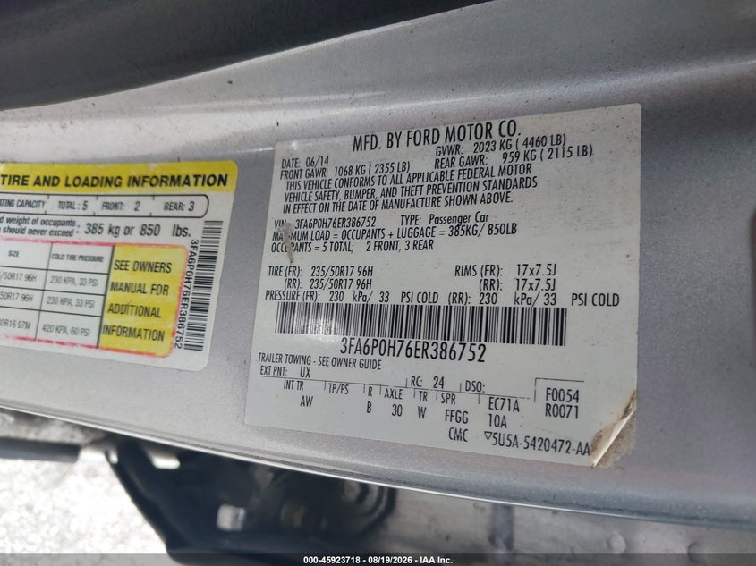 2014 FORD FUSION SEDAN 2.5L I-4 DOHC, VVT, 175HP
