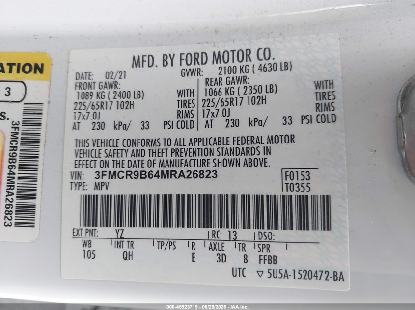 FORD BRONCO SPORT 2021 VIN 3FMCR9B64MRA26823