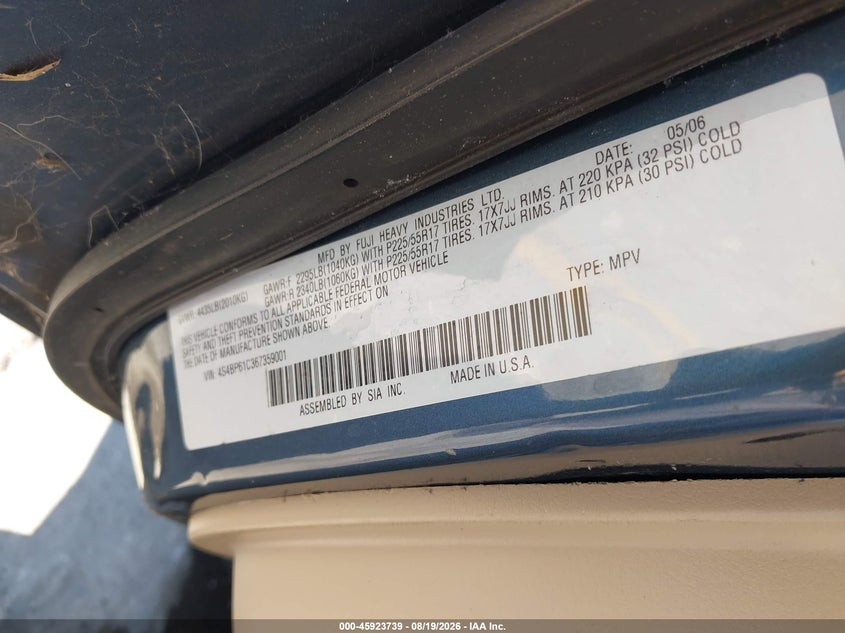 SUBARU OUTBACK 2006 VIN 4S4BP61C367359001