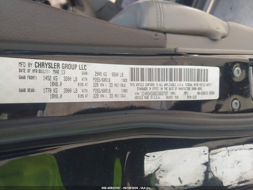 DODGE DURANGO 2013 VIN 1C4RDHDG8DC665797