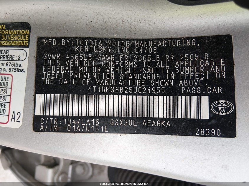 TOYOTA AVALON 2005 VIN 4T1BK36B25U024955