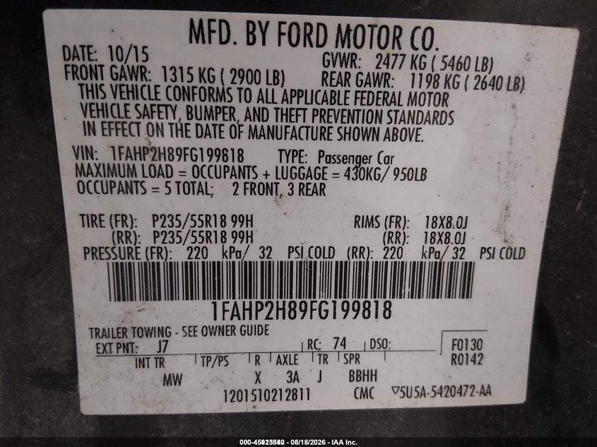 FORD TAURUS 2015 VIN 1FAHP2H89FG199818