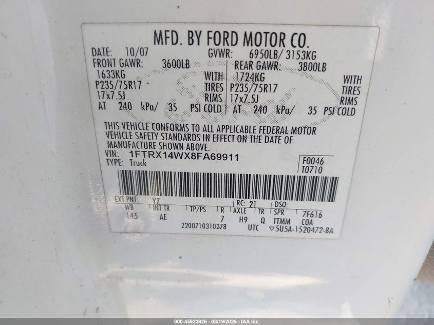 2008 FORD F-150 PICKUP 4.6L V-8 248HP