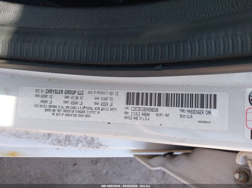 CHRYSLER 200 2013 VIN 1C3CCBCG9DN598238