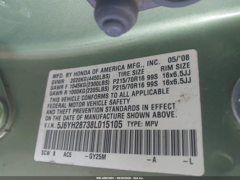 HONDA ELEMENT 2008 VIN 5J6YH28738L015105