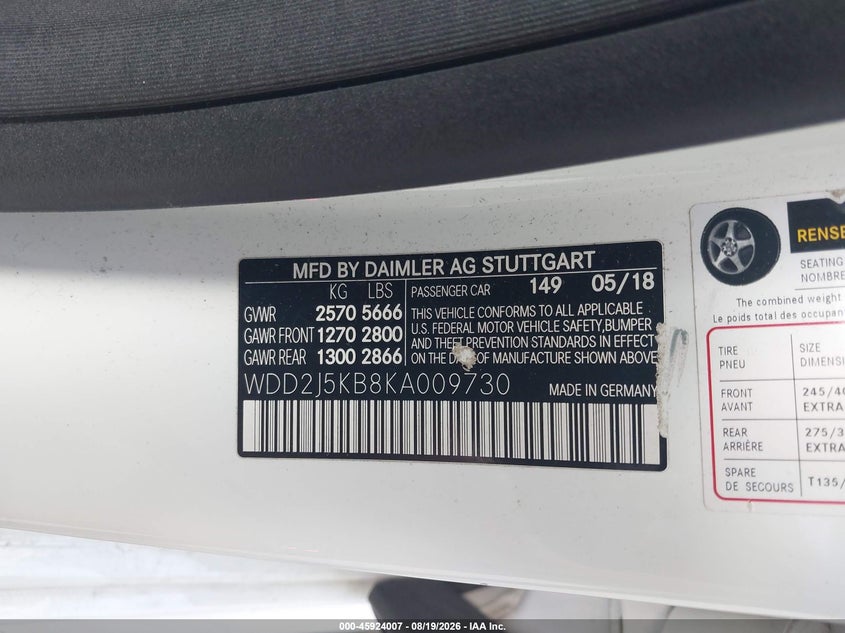 MERCEDES-BENZ CLS 450 2019 VIN WDD2J5KB8KA009730