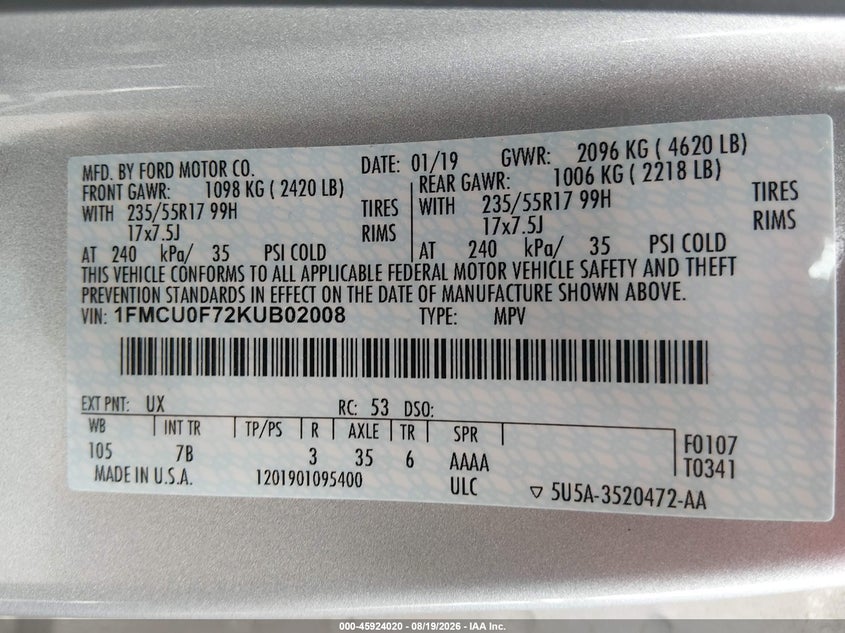 2019 FORD ESCAPE SPORT UTILITY VEHICLE 2.5L I4 FI DOHC 16V NF4