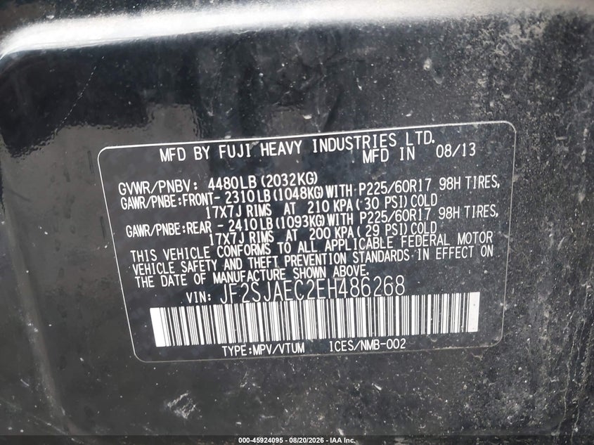SUBARU FORESTER 2014 VIN JF2SJAEC2EH486268