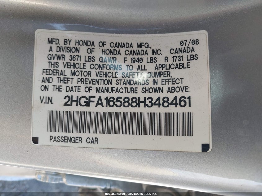 2008 HONDA CIVIC SEDAN 1.8L I-4 VVT, 140HP