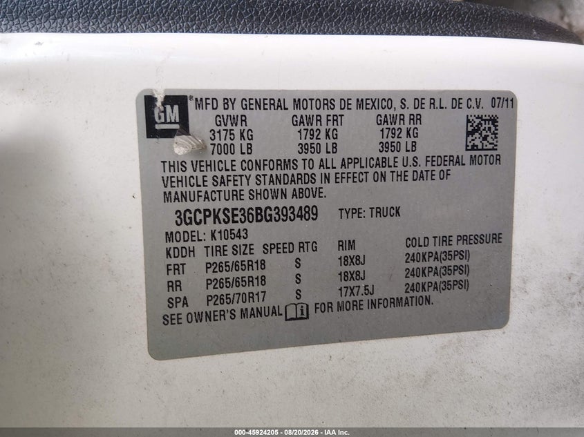 CHEVROLET SILVERADO 2011 VIN 3GCPKSE36BG393489