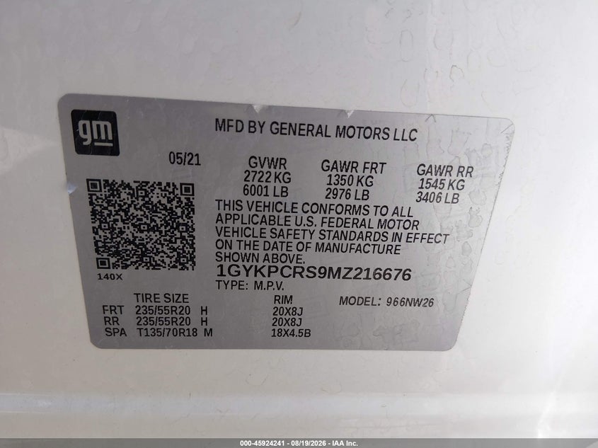 CADILLAC XT6 2021 VIN 1GYKPCRS9MZ216676