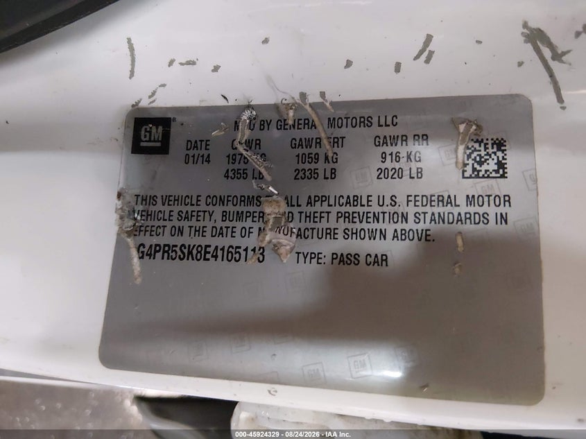 BUICK VERANO 2014 VIN 1G4PR5SK8E4165113
