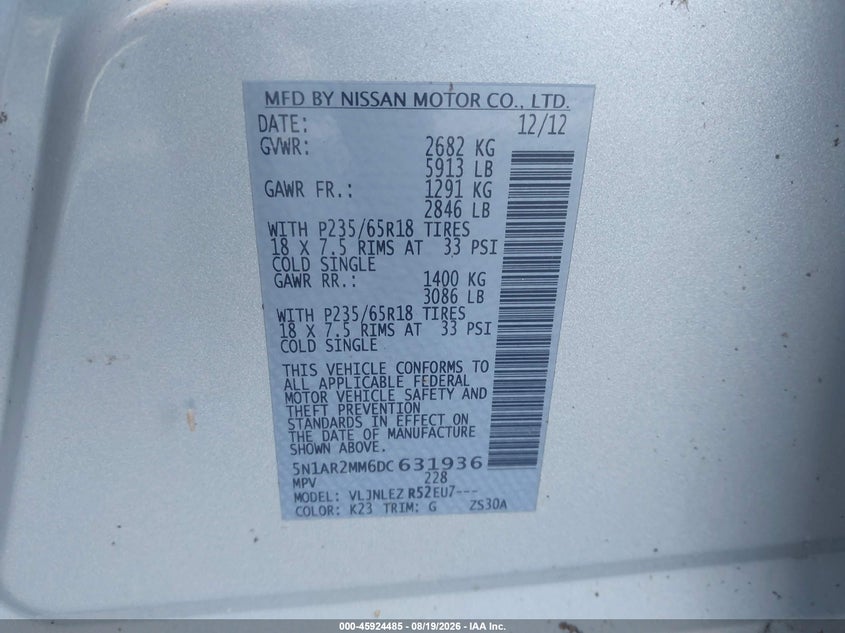 NISSAN PATHFINDER 2013 VIN 5N1AR2MM6DC631936