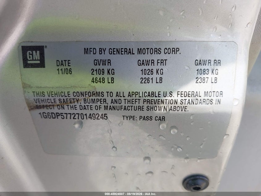 CADILLAC CTS 2007 VIN 1G6DP577270149245