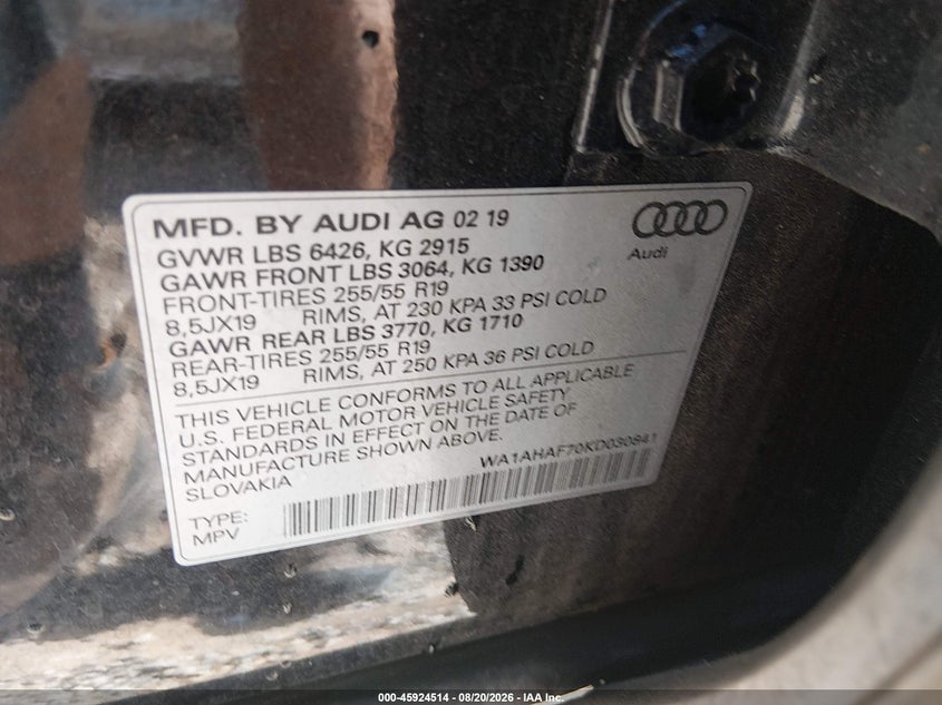 AUDI Q7 2019 VIN WA1AHAF70KD030841