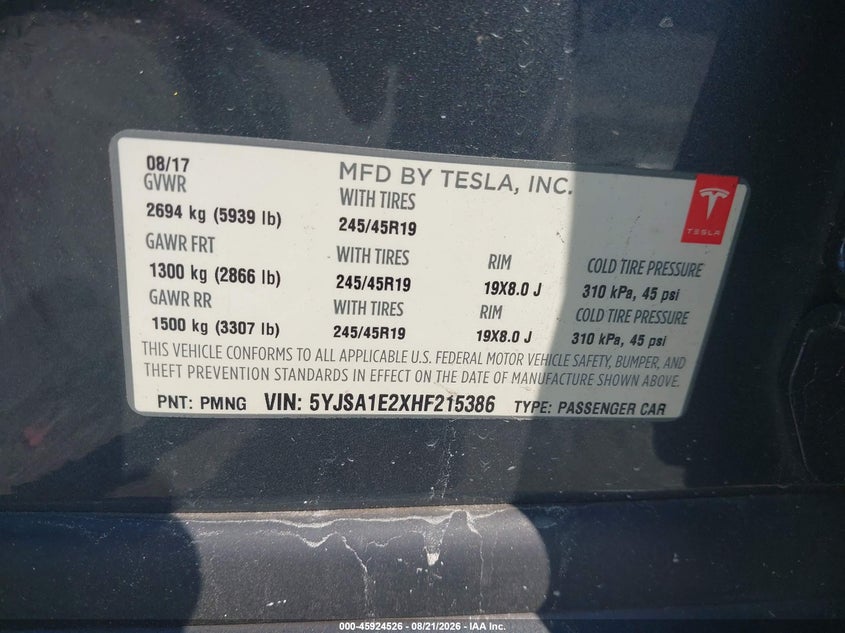 TESLA MODEL S 2017 VIN 5YJSA1E2XHF215386