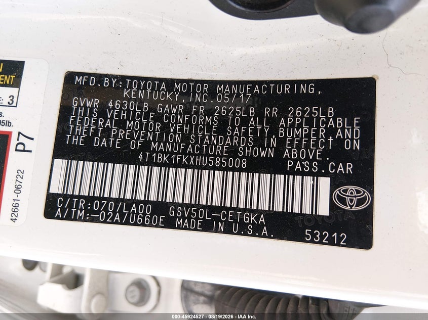 TOYOTA CAMRY 2017 VIN 4T1BK1FKXHU585008
