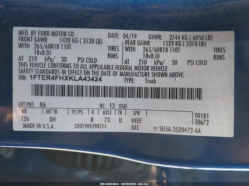 2019 FORD RANGER TRUCK 2.3L I-4 DI, DOHC, VVT, TURBO, 270HP
