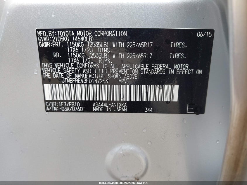 TOYOTA RAV4 2015 VIN JTMBFREV3FD147253