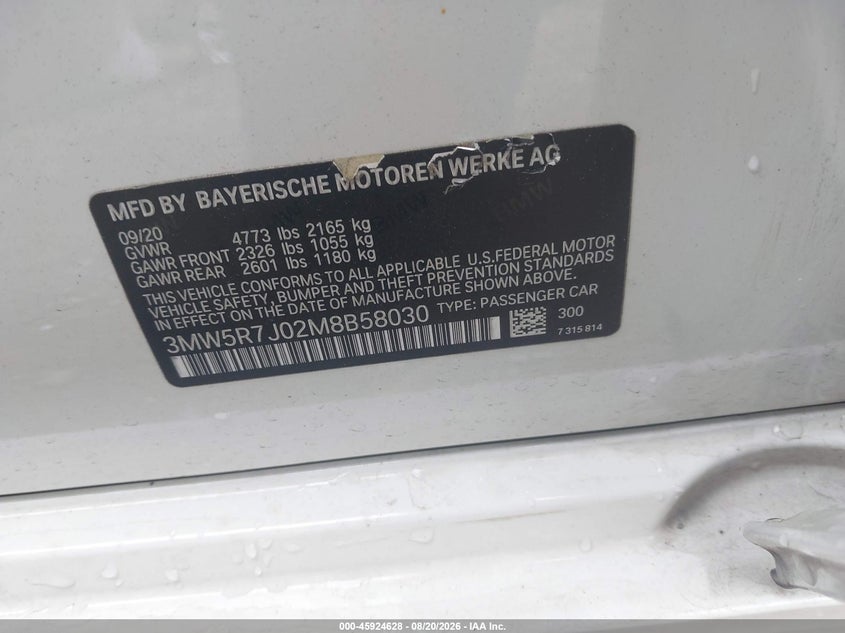 BMW 330I 2021 VIN 3MW5R7J02M8B58030