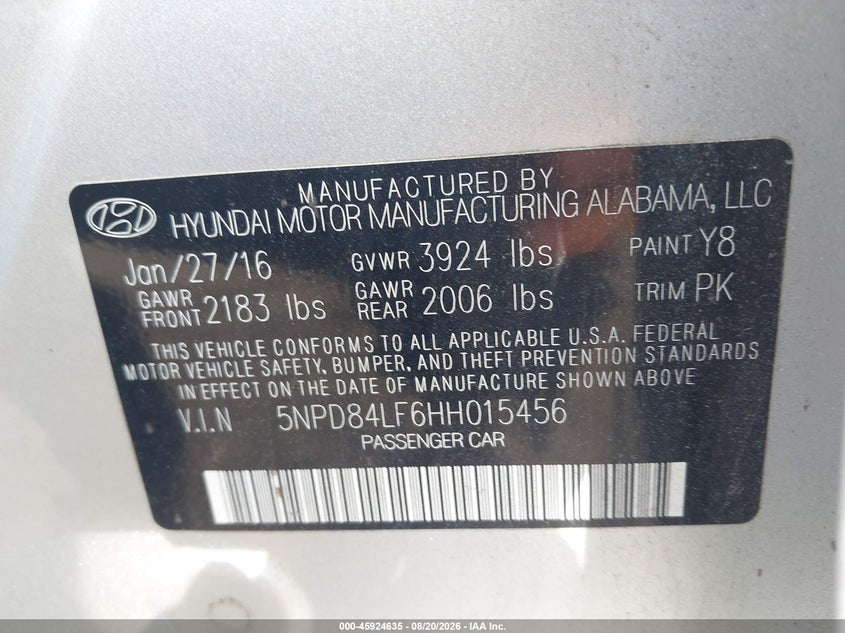 2017 HYUNDAI ELANTRA SEDAN 2.0L I-4 DOHC, VVT, 147HP