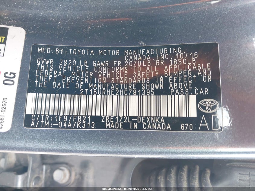 2017 TOYOTA COROLLA SEDAN 1.8L I-4 DOHC, VVT, 132HP