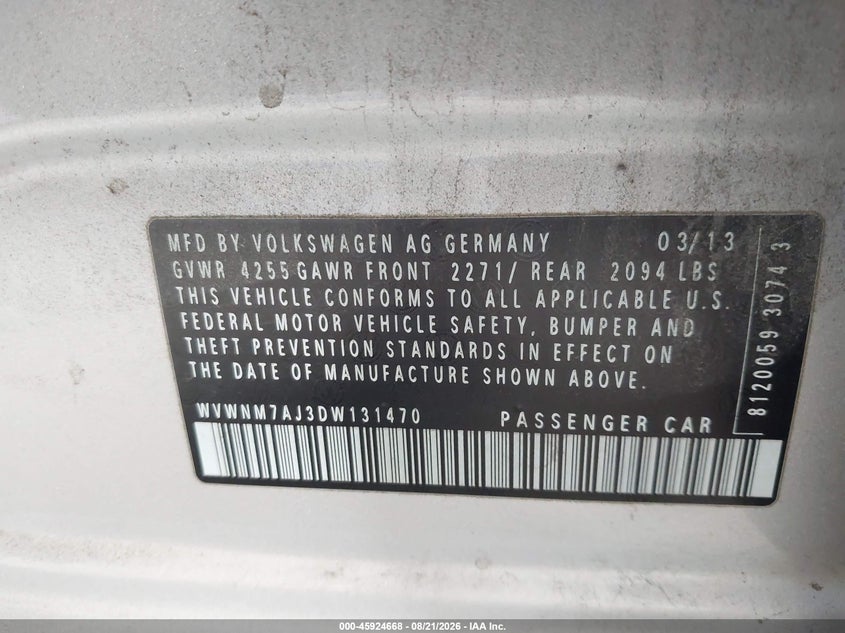 VOLKSWAGEN GOLF 2013 VIN WVWNM7AJ3DW131470