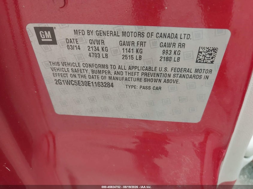 CHEVROLET IMPALA LIMITED 2014 VIN 2G1WC5E30E1163284