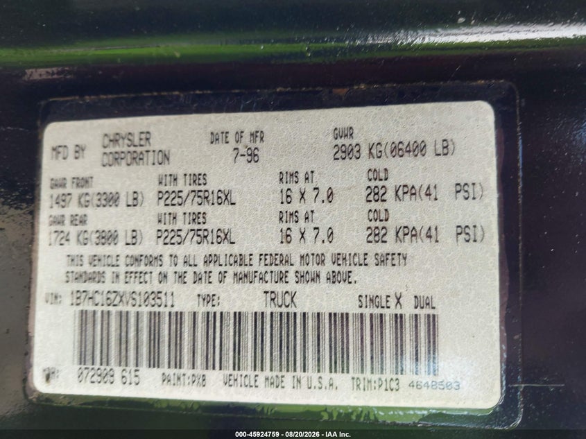DODGE RAM 1500 1997 VIN 1B7HC16ZXVS103511
