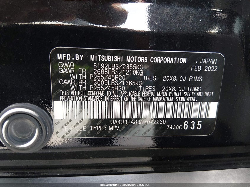 MITSUBISHI OUTLANDER 2022 VIN JA4J3TA83NZ072230