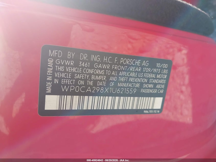 PORSCHE BOXSTER 2001 VIN WP0CA298X1U621559