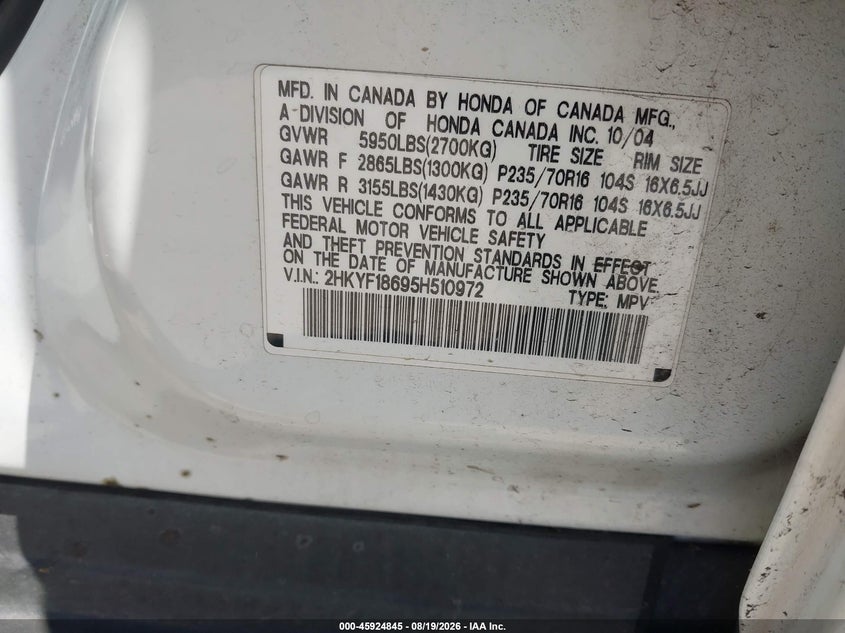 HONDA PILOT 2005 VIN 2HKYF18695H510972