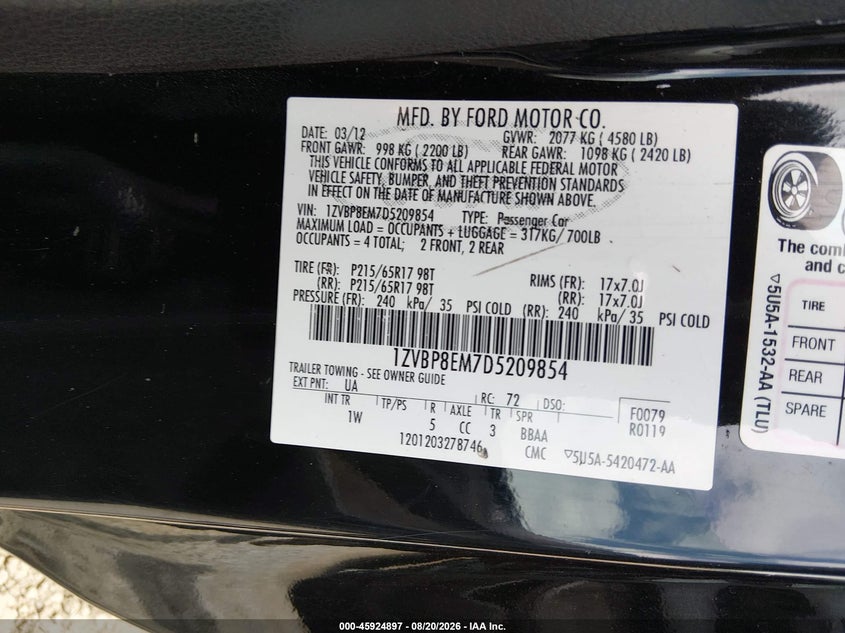 FORD MUSTANG 2013 VIN 1ZVBP8EM7D5209854
