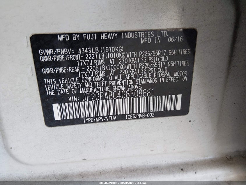 SUBARU CROSSTREK 2016 VIN JF2GPABC4G8308681