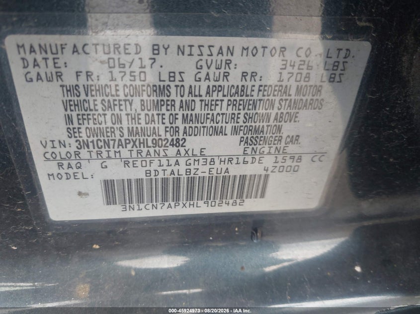 2017 NISSAN VERSA SEDAN 1.6L I-4 DOHC, VVT, 109HP