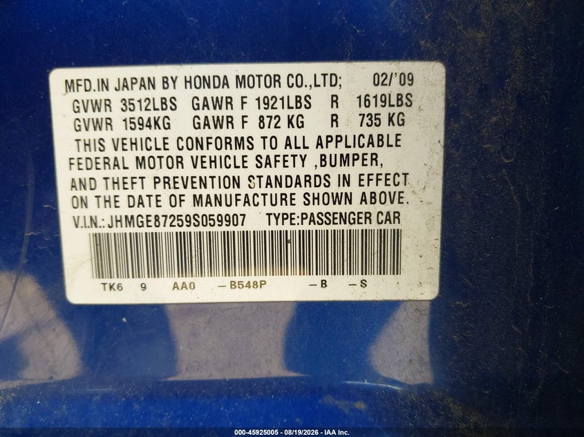 2009 HONDA FIT HATCHBACK 1.5L I-4 VVT, 117HP