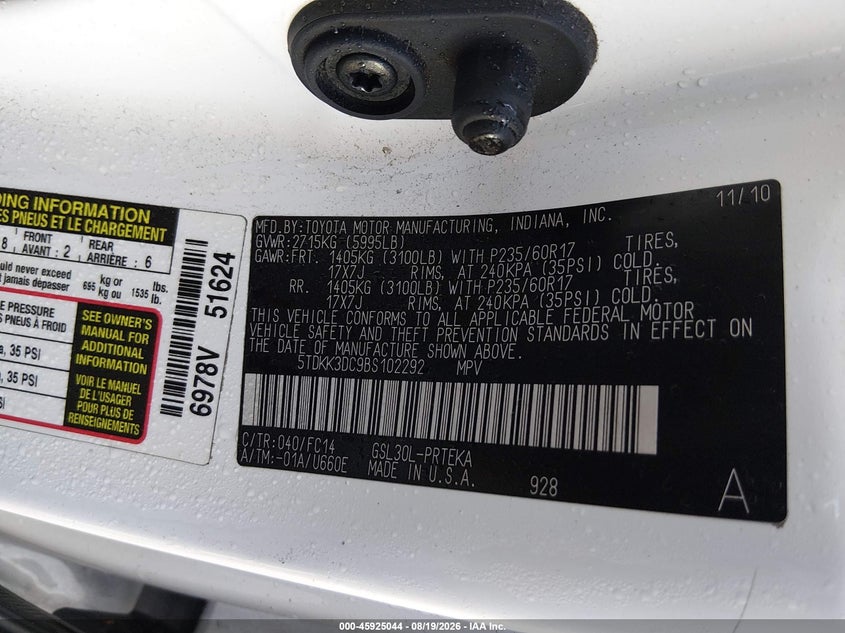 2011 TOYOTA SIENNA VAN 3.5L V-6 DOHC, VVT, 265HP
