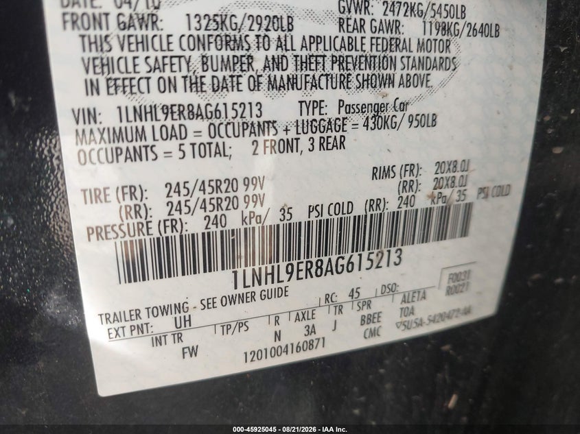 LINCOLN MKS 2010 VIN 1LNHL9ER8AG615213