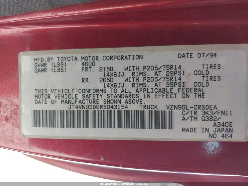 TOYOTA PICKUP 1994 VIN JT4VN93D6R5043154