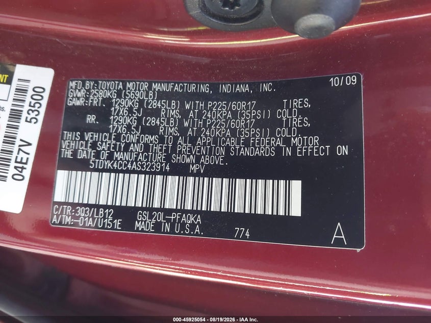 TOYOTA SIENNA 2010 VIN 5TDYK4CC4AS323914