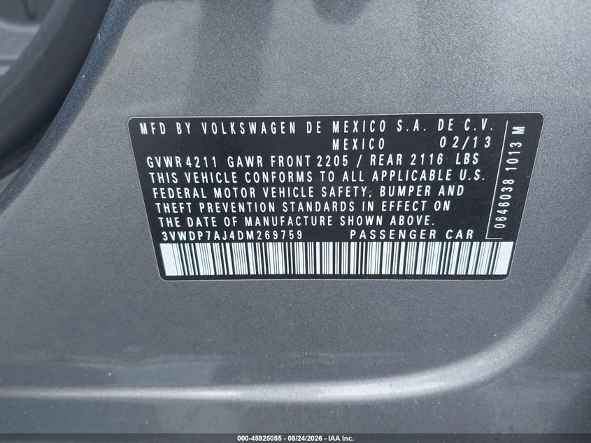 VOLKSWAGEN JETTA 2013 VIN 3VWDP7AJ4DM269759