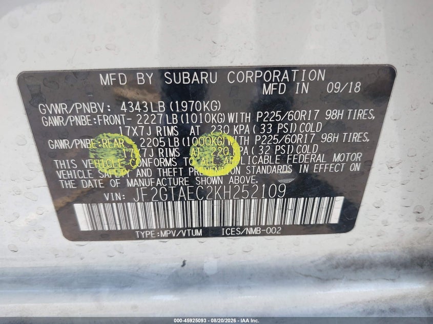 2019 SUBARU XV SPORT UTILITY VEHICLE 2.0L H-4 DI, DOHC, VVT, REGULAR , 152HP