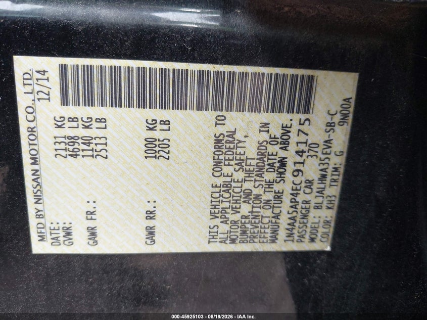 2014 NISSAN MAXIMA SEDAN 3.5L V6 FI DOHC 24V NF4