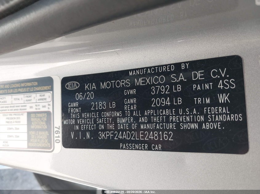 2020 KIA FORTE SEDAN 2.0L I-4 DOHC, VVT, 147HP