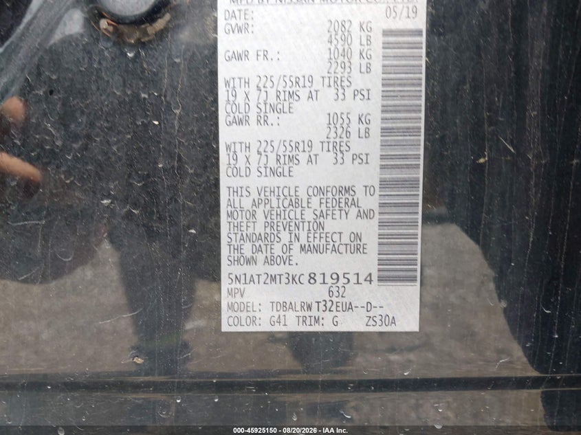 NISSAN ROGUE 2019 VIN 5N1AT2MT3KC819514