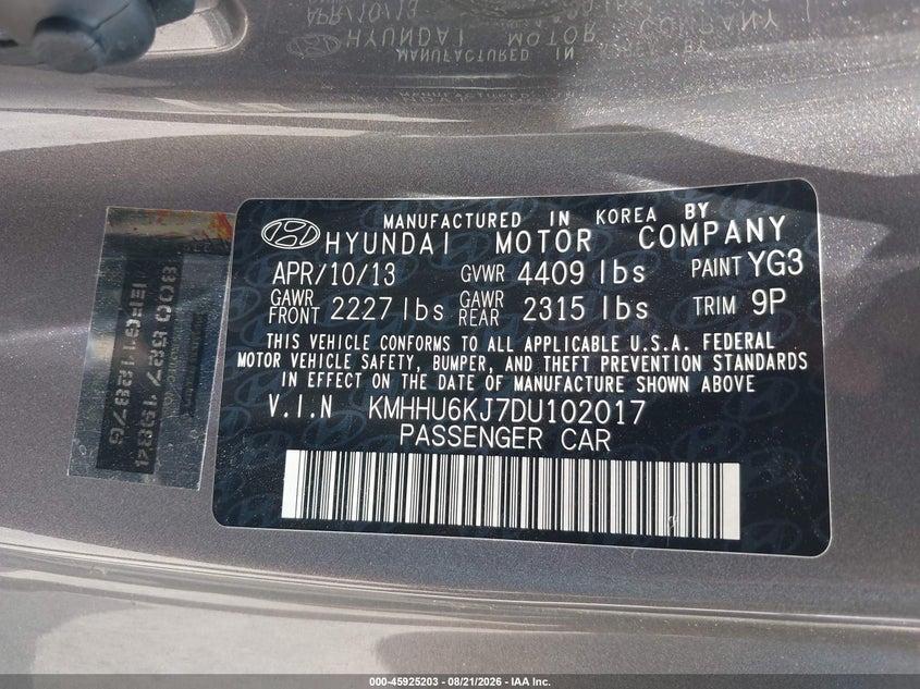 HYUNDAI GENESIS 2013 VIN KMHHU6KJ7DU102017