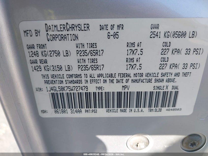 JEEP LIBERTY 2005 VIN 1J4GL58K75W727479