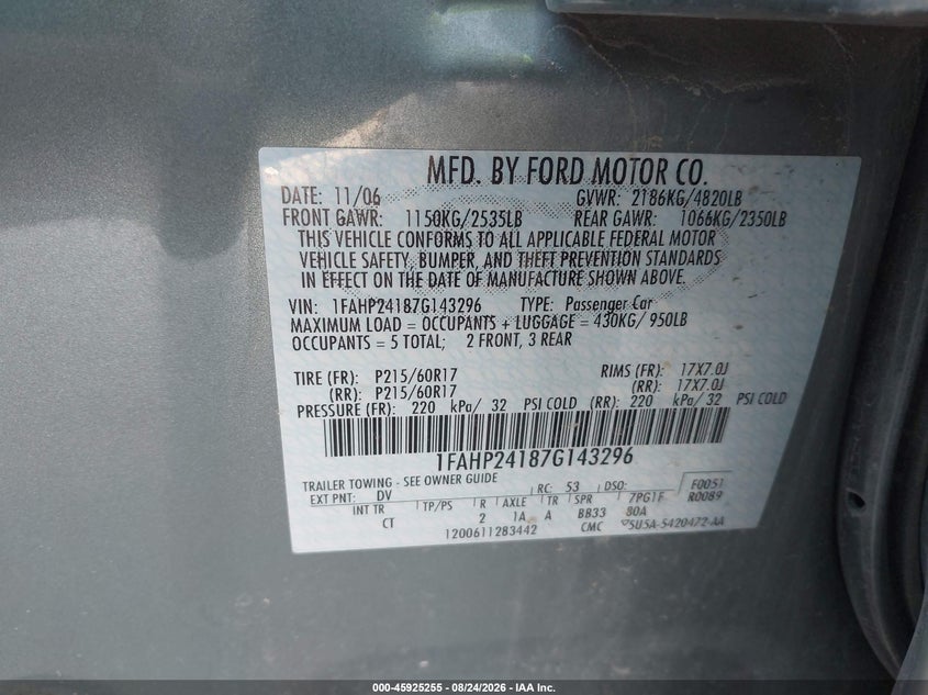 FORD FIVE HUNDRED 2007 VIN 1FAHP24187G143296